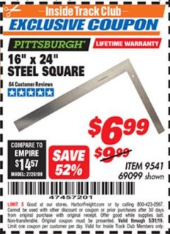 Harbor Freight ITC Coupon 16" X 24" STEEL SQUARE Lot No. 69099 Expired: 5/31/19 - $6.99