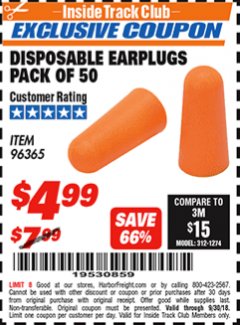 Harbor Freight ITC Coupon DISPOSABLE EAR PLUGS PACK OF 50 Lot No. 96365 Expired: 9/30/18 - $4.99