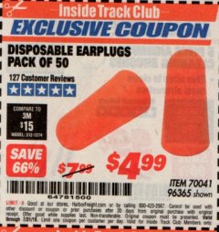 Harbor Freight ITC Coupon DISPOSABLE EAR PLUGS PACK OF 50 Lot No. 96365 Expired: 7/31/19 - $4.99