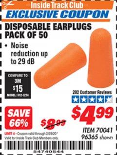 Harbor Freight ITC Coupon DISPOSABLE EAR PLUGS PACK OF 50 Lot No. 96365 Expired: 2/29/20 - $4.99