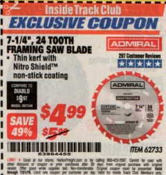 Harbor Freight ITC Coupon 7-1/4", 24 TOOTH FRAMING SAW BLADE Lot No. 62733 Expired: 7/31/19 - $4.99