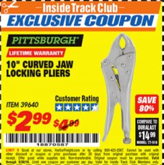 Harbor Freight ITC Coupon 10" CURVED JAW LOCKING PLIERS Lot No. 39640 Expired: 9/30/18 - $2.99