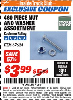 Harbor Freight ITC Coupon 460 PIECE NUT AND WASHER ASSORTMENT Lot No. 67624 Expired: 9/30/18 - $3.99