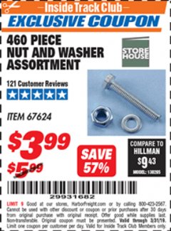 Harbor Freight ITC Coupon 460 PIECE NUT AND WASHER ASSORTMENT Lot No. 67624 Expired: 3/31/19 - $3.99
