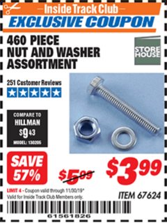 Harbor Freight ITC Coupon 460 PIECE NUT AND WASHER ASSORTMENT Lot No. 67624 Expired: 11/30/19 - $3.99