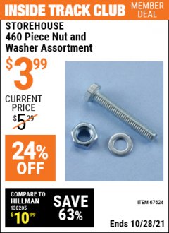 Harbor Freight ITC Coupon 460 PIECE NUT AND WASHER ASSORTMENT Lot No. 67624 Expired: 10/28/21 - $3.99