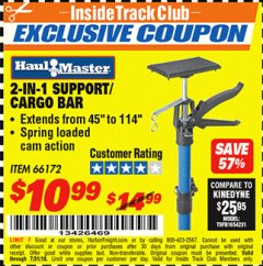 Harbor Freight ITC Coupon 2-IN-1 SUPPORT/CARGO BAR Lot No. 66172 Expired: 7/31/18 - $10.99