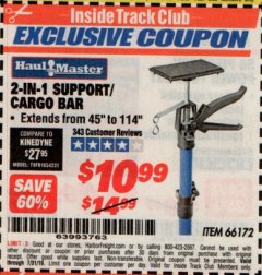 Harbor Freight ITC Coupon 2-IN-1 SUPPORT/CARGO BAR Lot No. 66172 Expired: 7/31/19 - $10.99