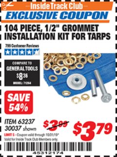 Harbor Freight ITC Coupon 104 PIECE, 1/2" GROMMET INSTALLATION KIT Lot No. 63237 Expired: 10/31/19 - $3.79