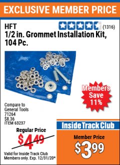 Harbor Freight ITC Coupon HFT 1/2 IN. GROMMET INSTALLATION KIT, 104-PIECE Lot No. 63237 Expired: 12/31/20 - $3.99