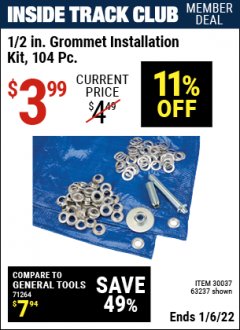 Harbor Freight ITC Coupon HFT 1/2 IN. GROMMET INSTALLATION KIT, 104-PIECE Lot No. 63237 Expired: 1/6/22 - $3.99