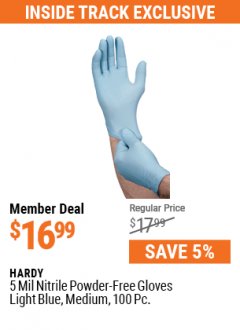 Harbor Freight ITC Coupon 5 MIL NITRILE GLOVES 100/PK Lot No. 61363/ 68497/ 68498 Expired: 7/29/21 - $16.99