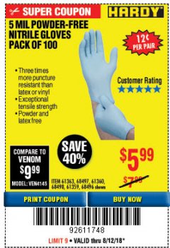 Harbor Freight Coupon 5 MIL NITRILE GLOVES 100/PK Lot No. 61363/ 68497/ 68498 Expired: 8/12/18 - $5.99