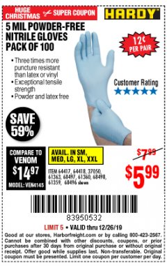 Harbor Freight Coupon 5 MIL NITRILE GLOVES 100/PK Lot No. 61363/ 68497/ 68498 Expired: 12/26/19 - $5.99