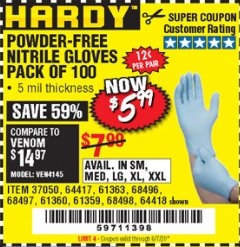Harbor Freight Coupon 5 MIL NITRILE GLOVES 100/PK Lot No. 61363/ 68497/ 68498 Expired: 6/30/20 - $5.99