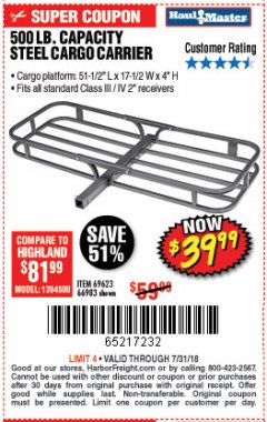Harbor Freight Coupon STEEL CARGO CARRIER Lot No. 66983/69623 Expired: 7/31/18 - $39.99