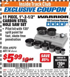 Harbor Freight ITC Coupon 11 PIECE 1"-2-1/2" CARBON STEEL HOLE SAW SET Lot No. 69070, 68114 Expired: 12/31/18 - $5.99