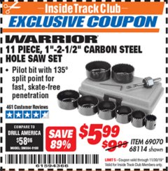 Harbor Freight ITC Coupon 11 PIECE 1"-2-1/2" CARBON STEEL HOLE SAW SET Lot No. 69070, 68114 Expired: 11/30/19 - $5.99