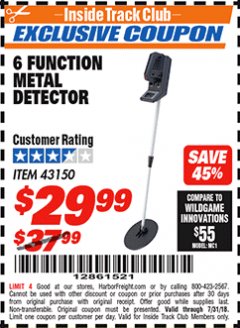 Harbor Freight ITC Coupon 6 FUNCTION METAL DETECTOR Lot No. 43150 Expired: 7/31/18 - $29.99