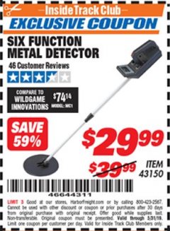 Harbor Freight ITC Coupon 6 FUNCTION METAL DETECTOR Lot No. 43150 Expired: 5/31/19 - $29.99