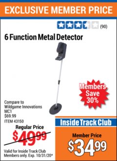 Harbor Freight ITC Coupon 6 FUNCTION METAL DETECTOR Lot No. 43150 Expired: 10/31/20 - $34.99