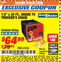 Harbor Freight ITC Coupon HAUL-MASTER 1/2 IN. X 20 FT. GRADE 70 TRUCKERS CHAIN Lot No. 63236 Expired: 5/31/18 - $64.99