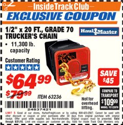 Harbor Freight ITC Coupon HAUL-MASTER 1/2 IN. X 20 FT. GRADE 70 TRUCKERS CHAIN Lot No. 63236 Expired: 8/31/18 - $64.99