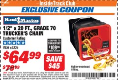 Harbor Freight ITC Coupon HAUL-MASTER 1/2 IN. X 20 FT. GRADE 70 TRUCKERS CHAIN Lot No. 63236 Expired: 10/31/18 - $64.99