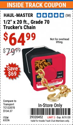 Harbor Freight ITC Coupon HAUL-MASTER 1/2 IN. X 20 FT. GRADE 70 TRUCKERS CHAIN Lot No. 63236 Expired: 8/31/20 - $64.99