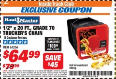 Harbor Freight ITC Coupon HAUL-MASTER 1/2 IN. X 20 FT. GRADE 70 TRUCKERS CHAIN Lot No. 63236 Expired: 12/31/18 - $64.99