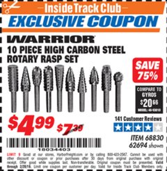 Harbor Freight ITC Coupon 10 PIECE HIGH CARBON STEEL ROTARY RASP SET Lot No. 68830/62694 Expired: 2/28/19 - $4.99