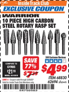 Harbor Freight ITC Coupon 10 PIECE HIGH CARBON STEEL ROTARY RASP SET Lot No. 68830/62694 Expired: 2/29/20 - $4.99