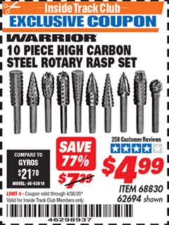 Harbor Freight ITC Coupon 10 PIECE HIGH CARBON STEEL ROTARY RASP SET Lot No. 68830/62694 Expired: 4/30/20 - $4.99