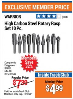 Harbor Freight ITC Coupon 10 PIECE HIGH CARBON STEEL ROTARY RASP SET Lot No. 68830/62694 Expired: 12/3/20 - $4.99