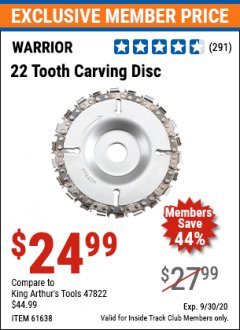 Harbor Freight ITC Coupon 22 TOOTH CARVING DISC Lot No. 7697/61638 Expired: 9/30/20 - $24.99