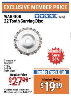 Harbor Freight ITC Coupon 22 TOOTH CARVING DISC Lot No. 7697/61638 Expired: 1/28/21 - $19.99