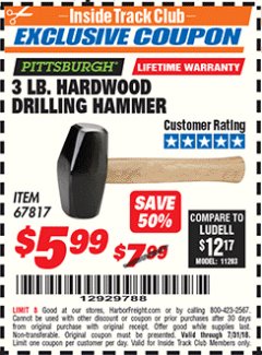 Harbor Freight ITC Coupon 3 LB. HARDWOOD DRILLING HAMMER Lot No. 61222/67817 Expired: 7/31/18 - $5.99