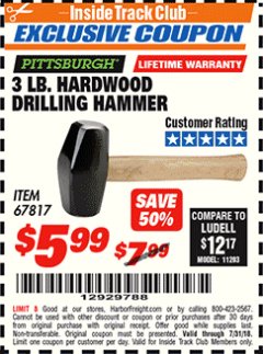 Harbor Freight ITC Coupon 3 LB. HARDWOOD DRILLING HAMMER Lot No. 61222/67817 Expired: 7/31/18 - $5.99