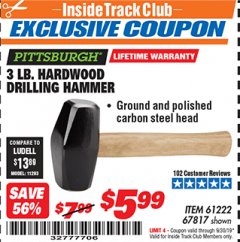 Harbor Freight ITC Coupon 3 LB. HARDWOOD DRILLING HAMMER Lot No. 61222/67817 Expired: 9/30/19 - $5.99