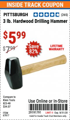 Harbor Freight ITC Coupon 3 LB. HARDWOOD DRILLING HAMMER Lot No. 61222/67817 Expired: 8/31/20 - $5.99