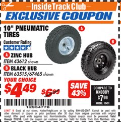 Harbor Freight ITC Coupon 10" PNEUMATIC TIRE WITH ZINC HUB Lot No. 43612 Expired: 7/22/18 - $4.49