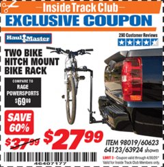 Harbor Freight ITC Coupon TWO BIKE HITCH MOUNT BIKE RACK Lot No. 60623/98019/64123/63924 Expired: 4/30/20 - $27.99