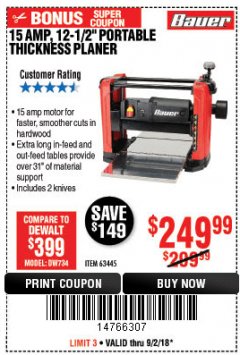 Harbor Freight Coupon BAUER 15 AMP 12 1/2" PORTABLE THICKNESS PLANER Lot No. 63445 Expired: 9/2/18 - $249.99