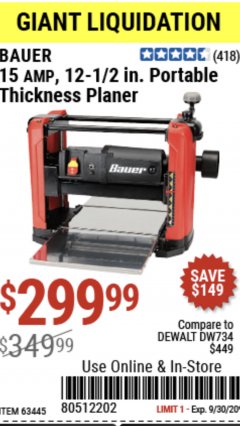 Harbor Freight Coupon BAUER 15 AMP 12 1/2" PORTABLE THICKNESS PLANER Lot No. 63445 Expired: 9/30/20 - $299.99