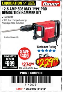 Harbor Freight Coupon BAUER 12.5 AMP SDS MAX TYPE PRO HAMMER KIT Lot No. 63440/63437 Expired: 11/10/19 - $229.99