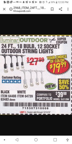 Harbor Freight Coupon 24 FT., 18 BULB, 12 SOCKET OUTDOOR STRING LIGHTS Lot No. 64486/63843/64739 Expired: 12/31/19 - $19.99