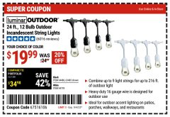 Harbor Freight Coupon 24 FT., 18 BULB, 12 SOCKET OUTDOOR STRING LIGHTS Lot No. 64486/63843/64739 Expired: 9/4/22 - $19.99