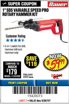 Harbor Freight Coupon 7.3 AMP, 1" SDS PRO ROTARY HAMMER KIT Lot No. 63443/63433 Expired: 9/30/18 - $59.99