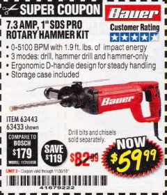 Harbor Freight Coupon 7.3 AMP, 1" SDS PRO ROTARY HAMMER KIT Lot No. 63443/63433 Expired: 11/30/18 - $59.99