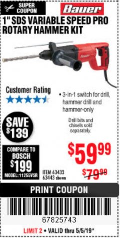 Harbor Freight Coupon 7.3 AMP, 1" SDS PRO ROTARY HAMMER KIT Lot No. 63443/63433 Expired: 5/5/19 - $59.99